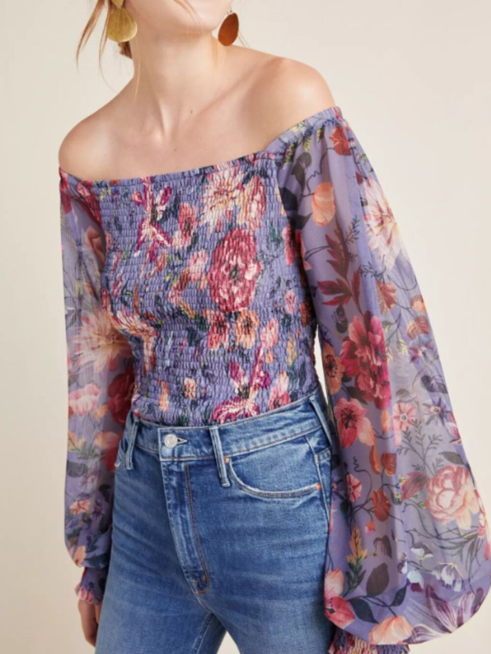 Anthropologie Rouen Smocked Floral Sheer Balloon Sleeve Off the Shoulder Top M
